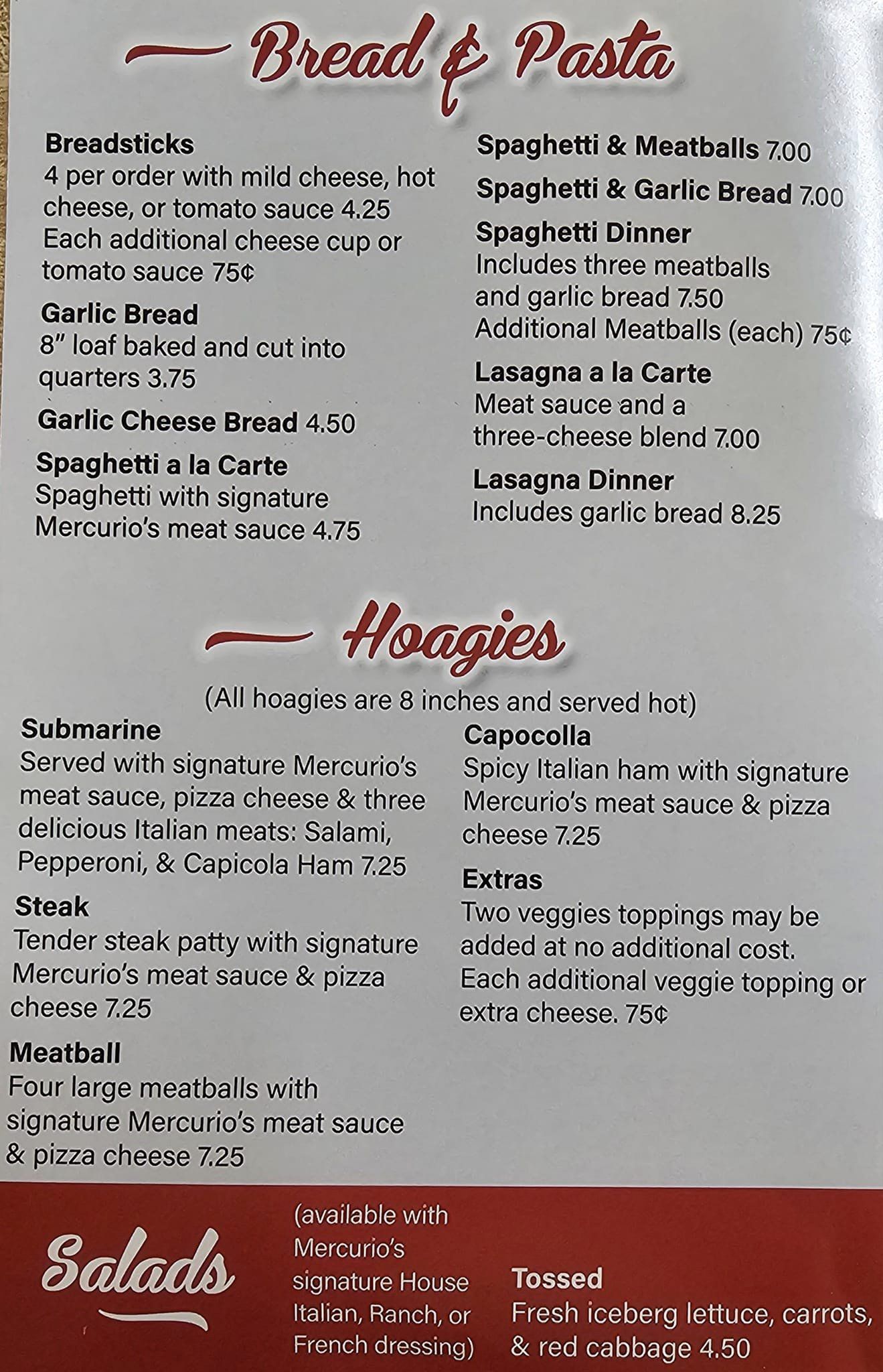 Mercurios Hoagie and pasta menu